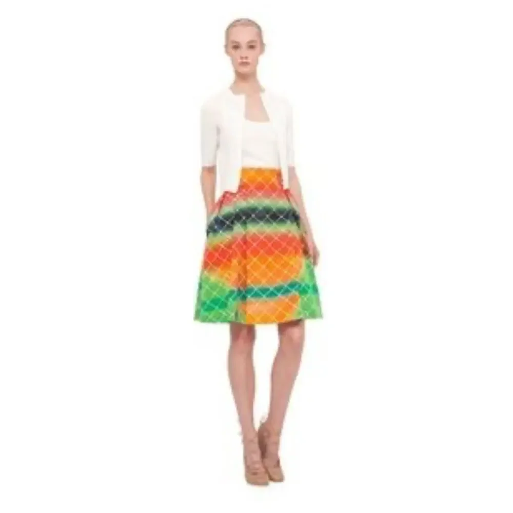 NWT Akris Punto Rainbow Skirt Bold Multicolor Net Print Statement Midi Cotton 6